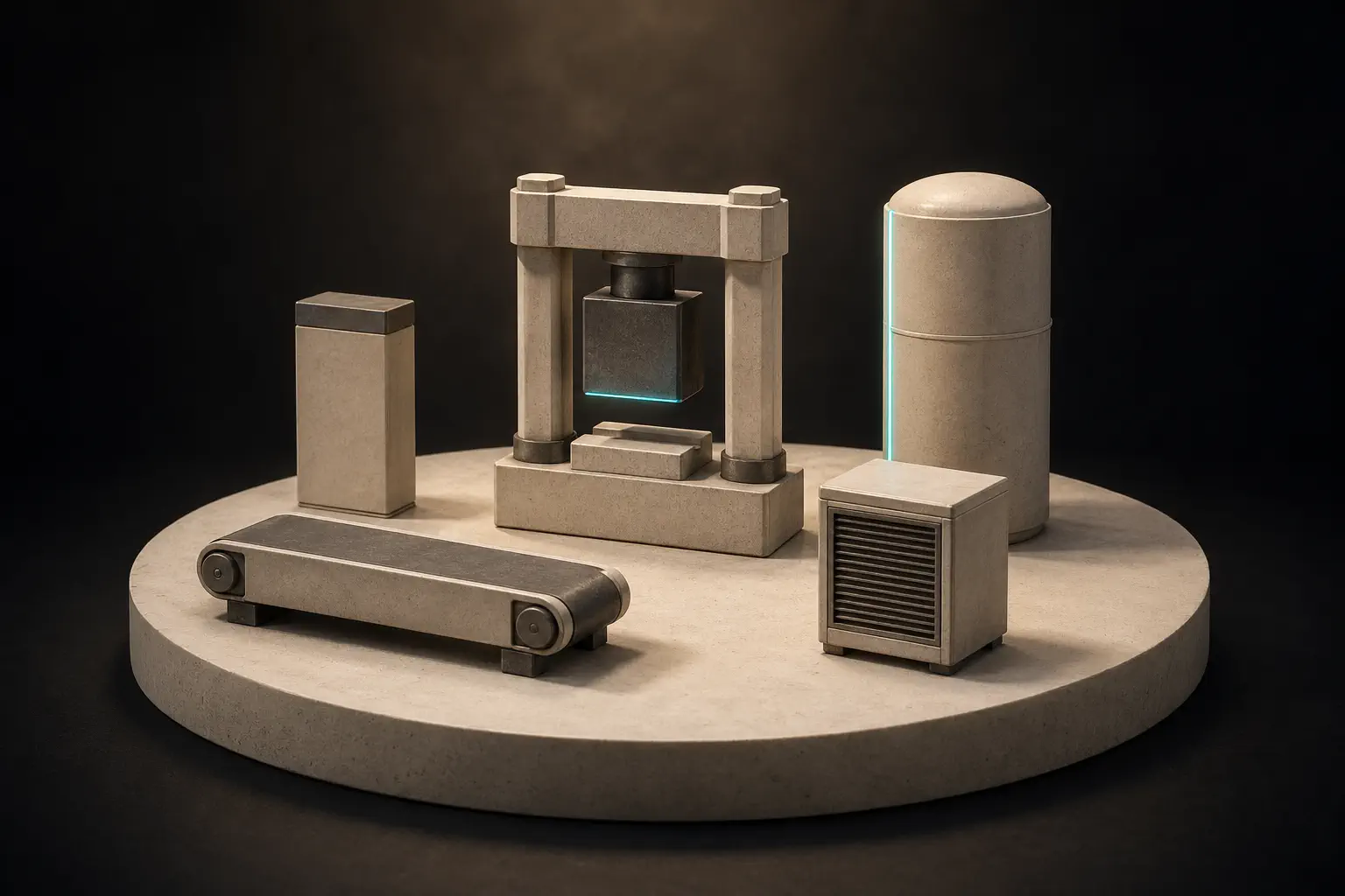 Maquette of the Digital Factory Demo assembly cell, with a cyan accent marking the Litmus Edge integration.