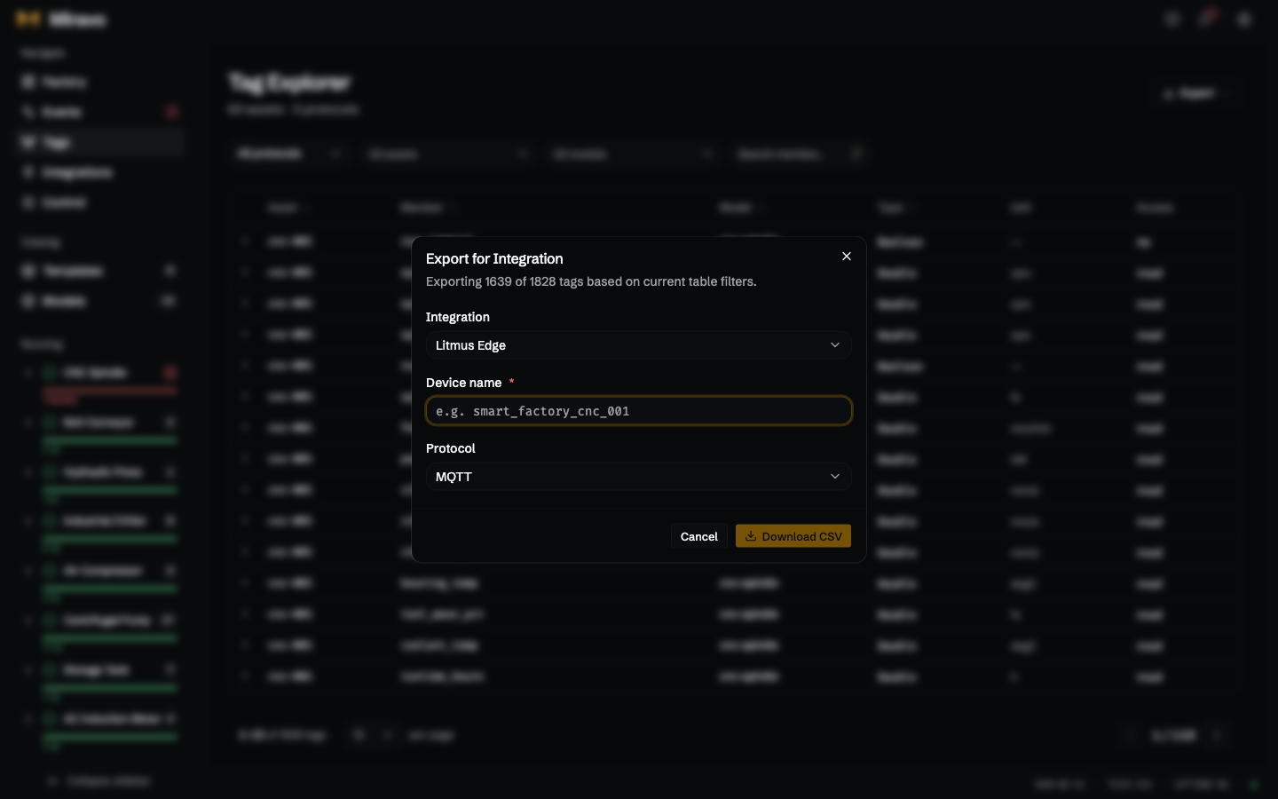 Miravo Console Export for Integration dialog